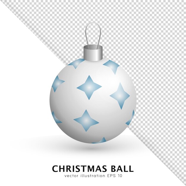 Dibujos animados 3d colgando bola de Navidad blanca con adorno azul, metal plateado y cuerda. Adorno realista