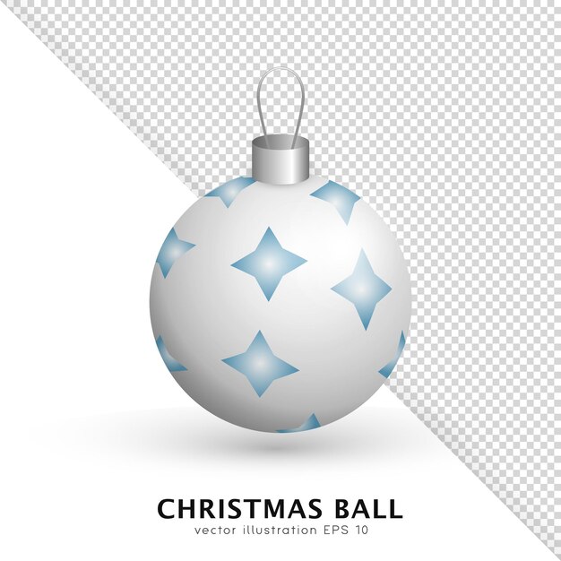 Vector dibujos animados 3d colgando bola de navidad blanca con adorno azul, metal plateado y cuerda. adorno realista