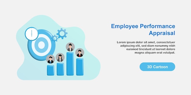 Dibujos animados en 3d evaluación del desempeño del empleado barra de podio de rango de trabajador con reloj de engranaje de tablero de dardos