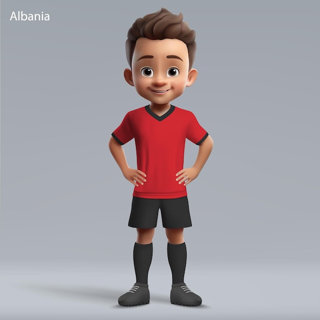 Vector dibujos animados 3d lindo joven jugador de fútbol en albania equipo nacional kit camiseta del equipo de fútbol