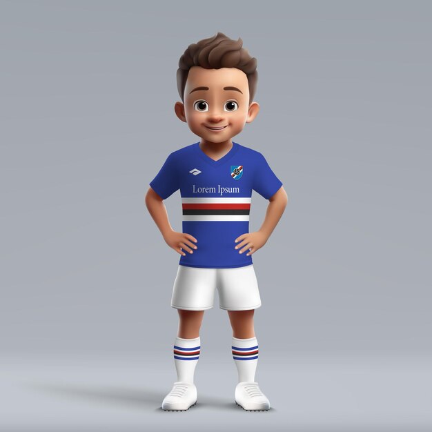 Vector dibujos animados 3d lindo joven jugador de fútbol en uniforme de fútbol