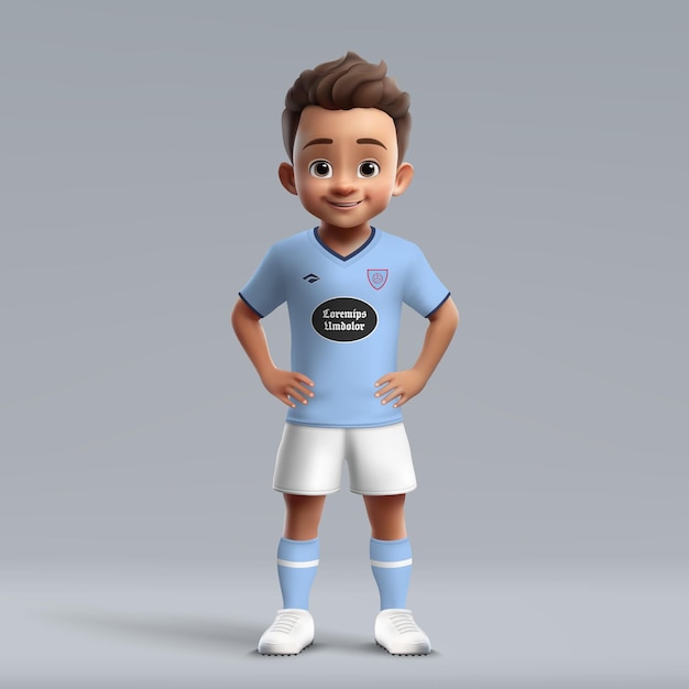 Dibujos animados 3d lindo joven jugador de fútbol en uniforme de fútbol