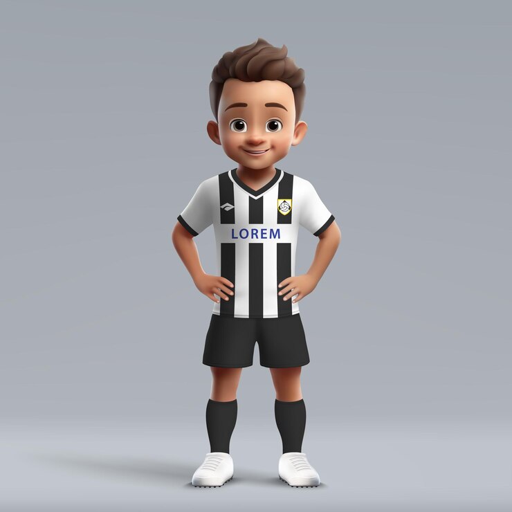 Vector dibujos animados 3d lindo joven jugador de fútbol en uniforme de fútbol