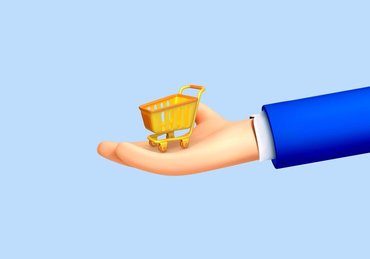 Vector dibujos animados en 3d mano humana sosteniendo carrito de compras aislado sobre fondo azul ilustración 3d vectorial