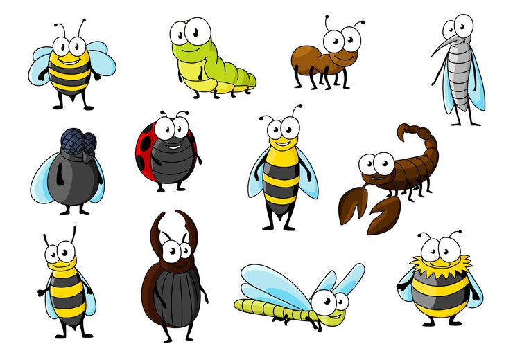 Vector dibujos animados de abejas y hormigas sonrientes, mariquita con manchas rojas y mosca gorda, oruga verde y libélula, mosquito y avispa, abejorro esponjoso, escarabajo ciervo amable, avispón y escorpión. insectos animales