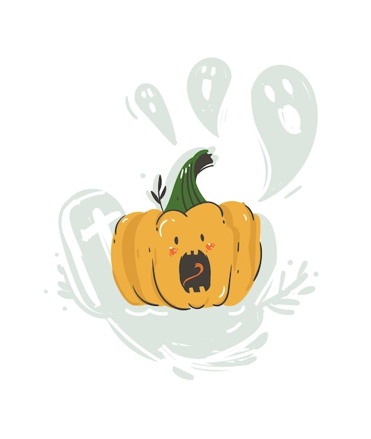 Dibujos animados abstractos vectoriales dibujados a mano Ilustración de feliz Halloween con monstruo de linterna de calabaza aislado sobre fondo blanco