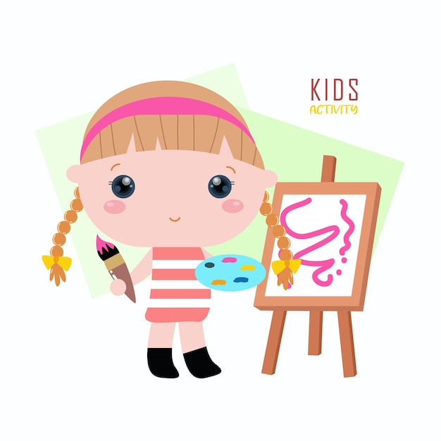 Dibujos animados actividades diarias hermosa niña le encanta pintar