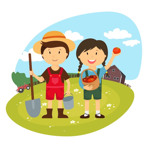 Dibujos animados de agricultores que trabajan en granjas, personajes de jardinero, granja fresca