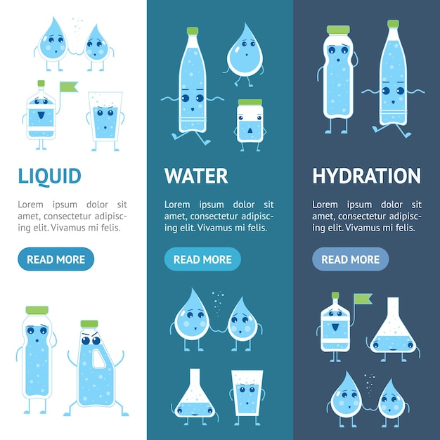 Dibujos animados Agua Emociones divertidas Botella Banner Vecrtical Set Vector
