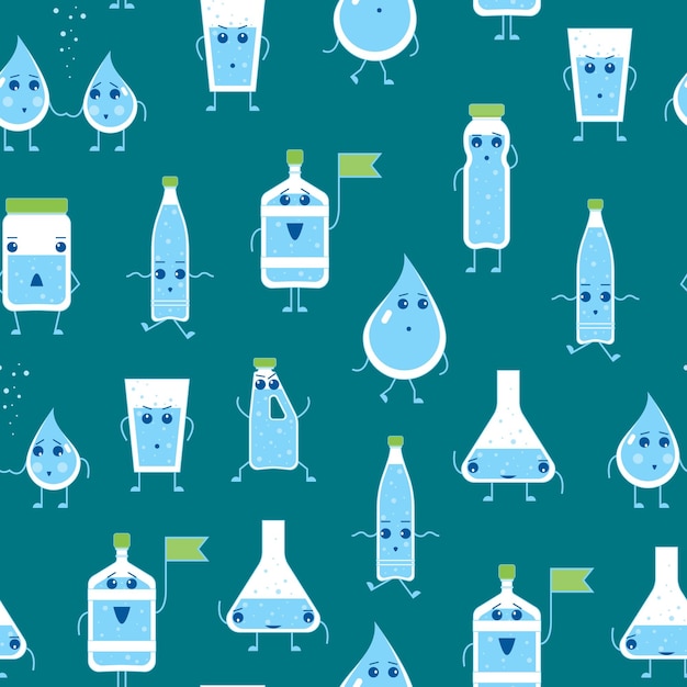 Dibujos Animados Agua Emociones Divertidas Botella Patrón Sin Fisuras Fondo Vector