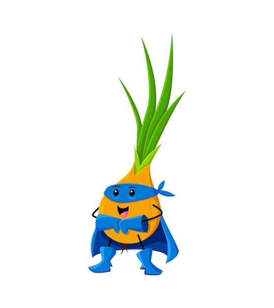 Dibujos animados alegre cebolla vegetal superhéroe personaje Fuerte vegetal héroe defensor aislado vector divertido personaje Shallot cebolla guerrero cómico mascota posando en máscara azul botas guantes y capa