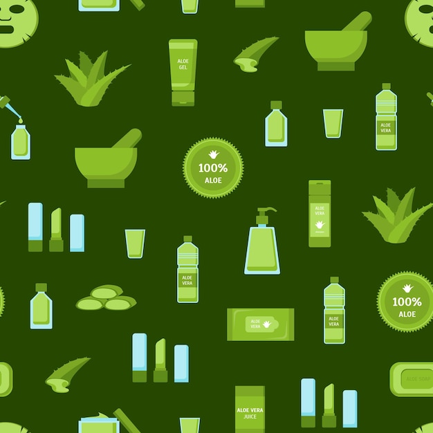 Dibujos animados Aloe Vera Gren Patrón sin costuras Concepto de fondo Elemento de diseño plano Estilo Ilustración vectorial de íconos Producto orgánico cosmético