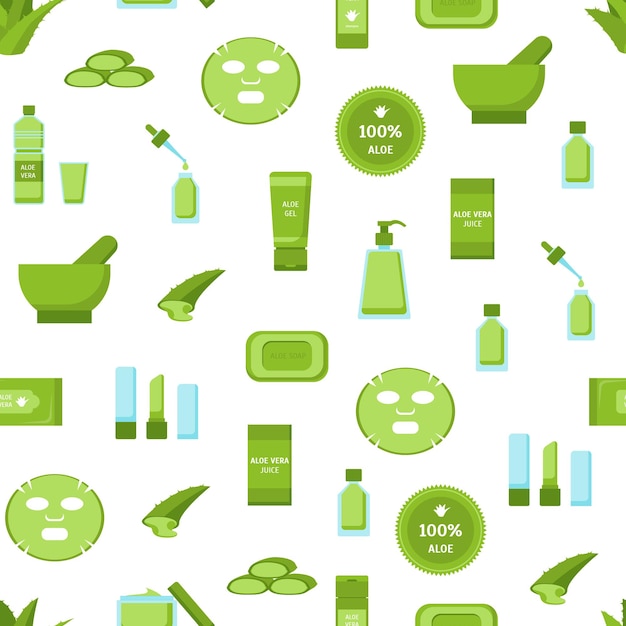 Dibujos animados Aloe Vera Gren Patrón sin costuras Fondo en un elemento de concepto blanco Estilo de diseño plano Ilustración vectorial de íconos Producto orgánico cosmético