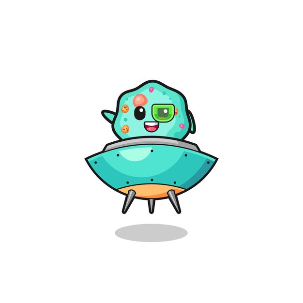 Dibujos animados de ameba montando un diseño lindo de futura nave espacial