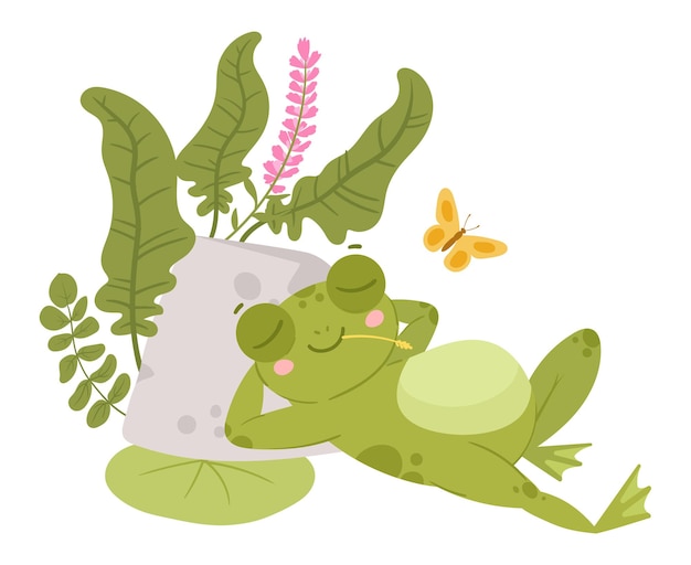 Dibujos animados anfibios lindo personaje de rana descansando durmiendo sapo verde ilustración vectorial plana