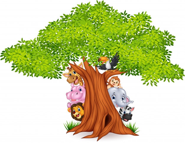 Vector dibujos animados de animales africanos con árbol