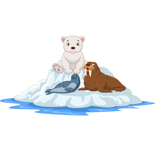 Dibujos animados de animales árticos en icebergs