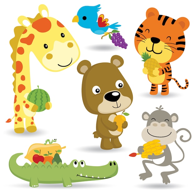 Vector dibujos animados de animales divertidos dibujos animados con frutas