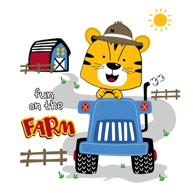 Dibujos animados de animales divertidos gato y tractor