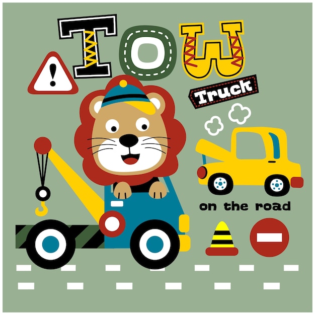 dibujos animados de animales divertidos león y toe truck