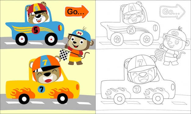 Dibujos animados de animales divertidos en pista de carreras de coches