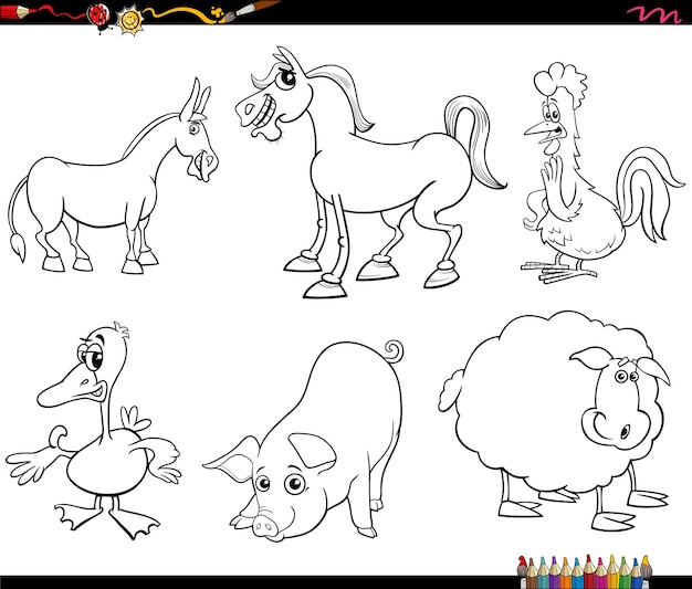 dibujos animados de animales de granja personajes de juego página de colorear