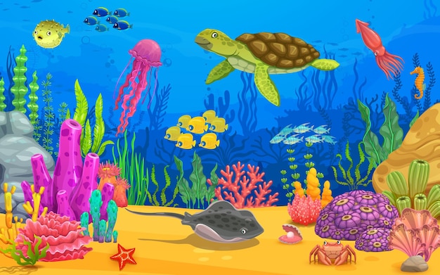 Dibujos animados de animales marinos, tortugas, medusas y bancos de peces en el paisaje submarino del océano, nivel de juego vectorial, fondo submarino con arrecifes de coral, mundo submarino, peces tropicales y conchas marinas