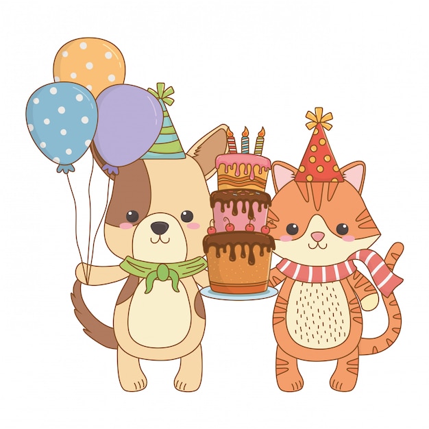 Vector dibujos animados de animales con pastel de feliz cumpleaños