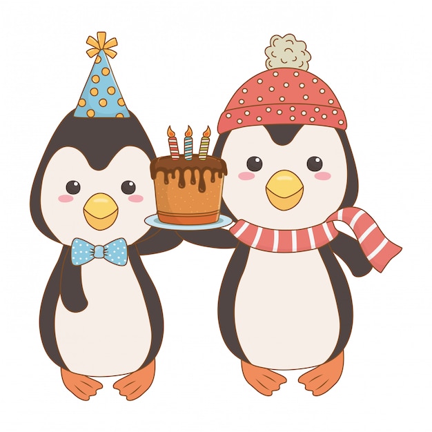 Dibujos animados de animales con pastel de feliz cumpleaños