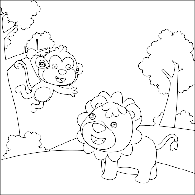 Dibujos animados animales salvajes concepto lindo león y mono en la selva para colorear libro o página