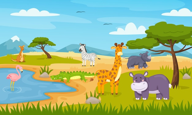 Dibujos animados de animales salvajes en la sabana, fauna de safari  africano. linda cebra, cocodrilo, flamenco,