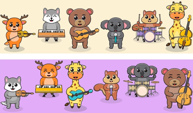 Dibujos animados animales salvajes tocar música banda Ciervo lobo oso koala ardilla jirafa