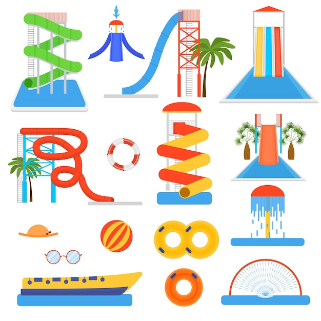 Dibujos animados Aquapark Playground Elements Set Summer Fun Amusement Concept Flat Design Style Ilustración vectorial de Outdoor Aqua Recreation