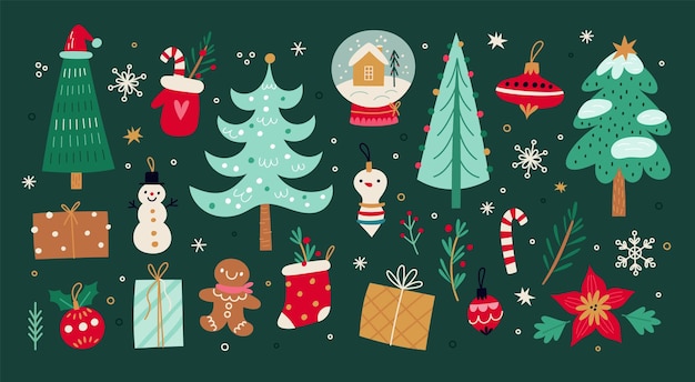 Dibujos animados de árboles de Navidad con juguetes Hermosos adornos de vidrio Muñeco de nieve y hombre de jengibre Brunch de plantas coníferas Globo de nieve y caja de regalo Calcetín de Navidad Objetos divertidos de vacaciones de invierno Conjunto de vectores llamativos
