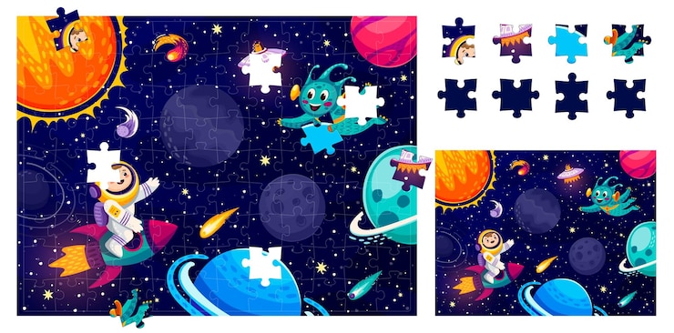 Vector dibujos animados de astronauta alienígena y paisaje espacial en piezas de juego de rompecabezas, hoja de trabajo vectorial para niños. combina y ajusta piezas adecuadas de imagen con un niño espacial en un cohete y un ovni en un rompecabezas de galaxias.