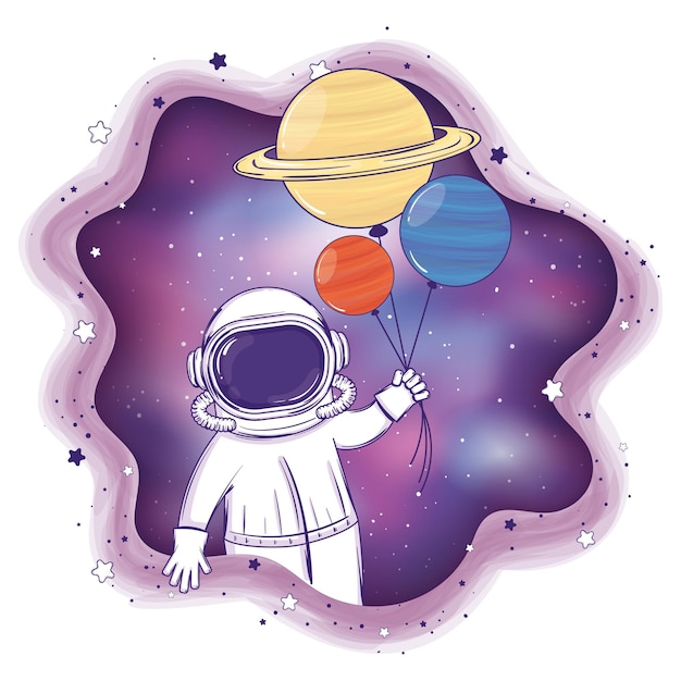 Dibujos animados de astronauta de color con globos de planeta Ilustración vectorial