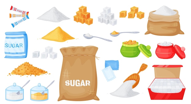 Dibujos animados de azúcar de caña blanca y marrón en diferentes paquetes Azúcar granulada y en cubos en cucharas tazones bolsas de lona sobres conjunto vectorial