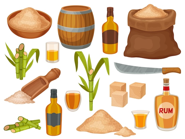 Dibujos animados de azúcar morena, botellas de ron y planta de caña de azúcar. Industria de la caña de azúcar natural. Conjunto de vector de montón, cuchara y saco de productos dulces granulados
