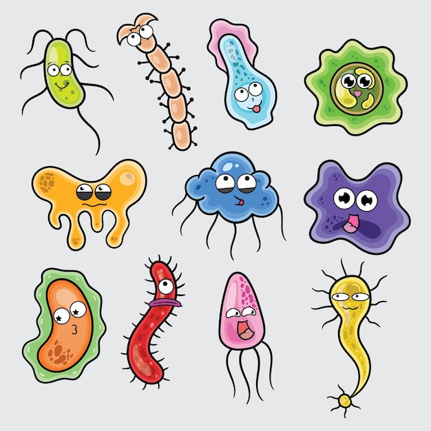 Dibujos animados de bacterias con expresiones lindas