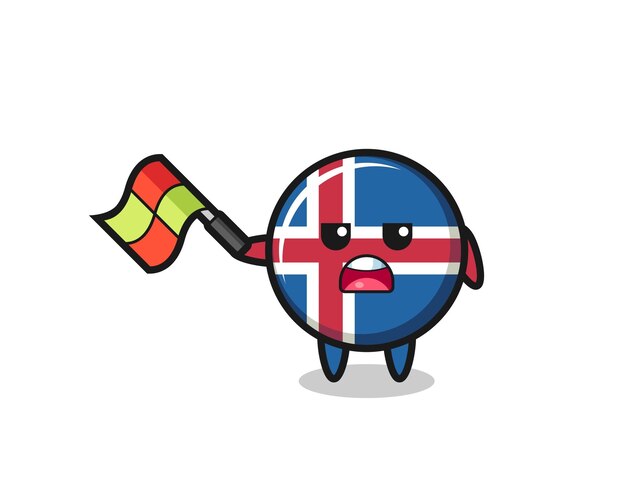 Dibujos animados de la bandera de Islandia mientras el juez de línea sostiene la bandera en un diseño lindo de ángulo de 45 grados