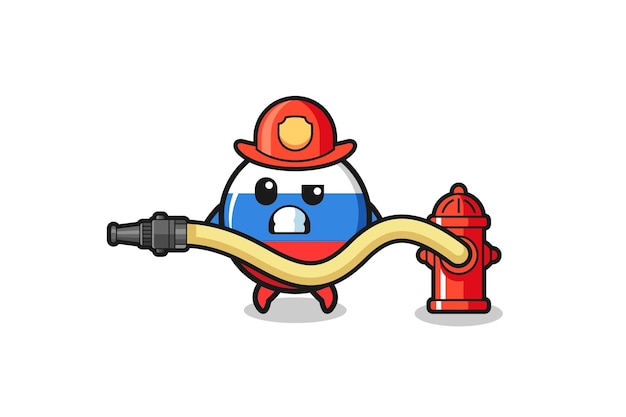 Dibujos animados de la bandera de rusia como mascota de bombero con manguera de agua