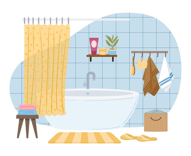 Dibujos animados baño interior muebles modernos bañera plantas en macetas y alfombra vector ilustración