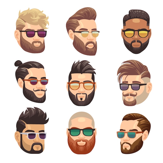 Dibujos animados barbudo hipster hombre y hombre peinado conjunto