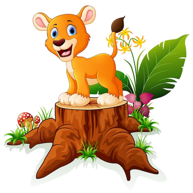 Dibujos animados bebé león en tocón de árbol