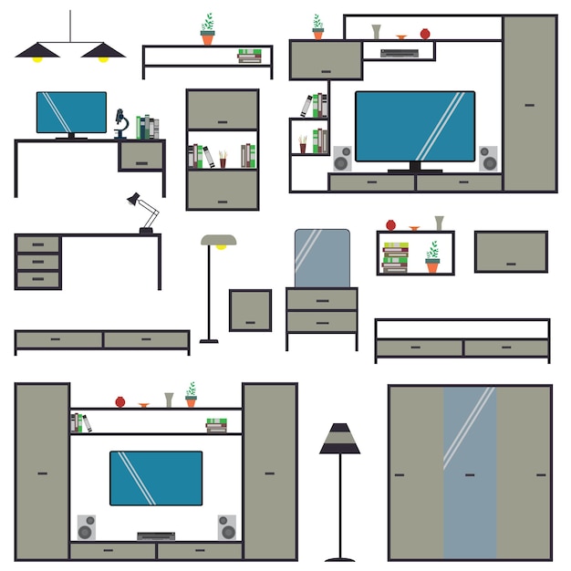 Dibujos animados Big Set muebles para casa y oficina aislados en fondo blanco ilustración vectorial plana