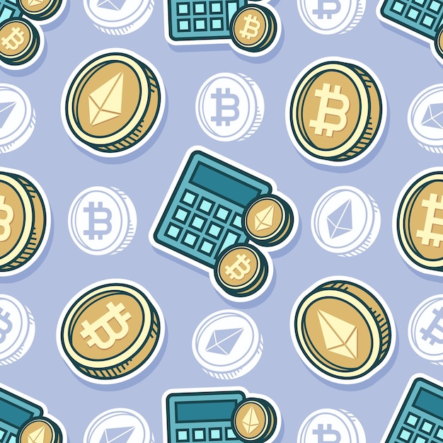 Dibujos animados de bitcoin y ethereum de patrones sin fisuras