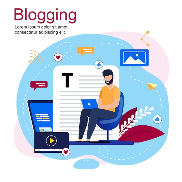 Dibujos animados de blogging de inscripción y hombre barbudo sentado en silla con laptop