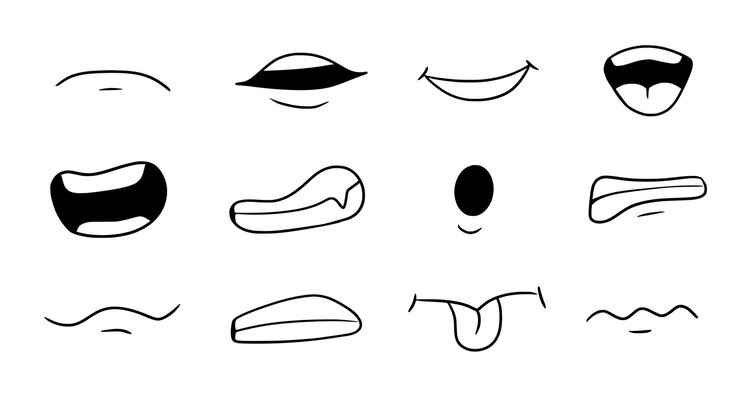 Dibujos animados boca sonrisa feliz triste expresión conjunto Dibujado a mano garabato boca lengua caricatura emoji icono Divertido cómic estilo garabato Vector