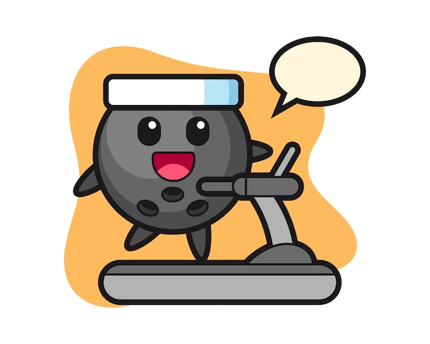 Dibujos animados de bola de boliche caminando sobre la cinta de correr