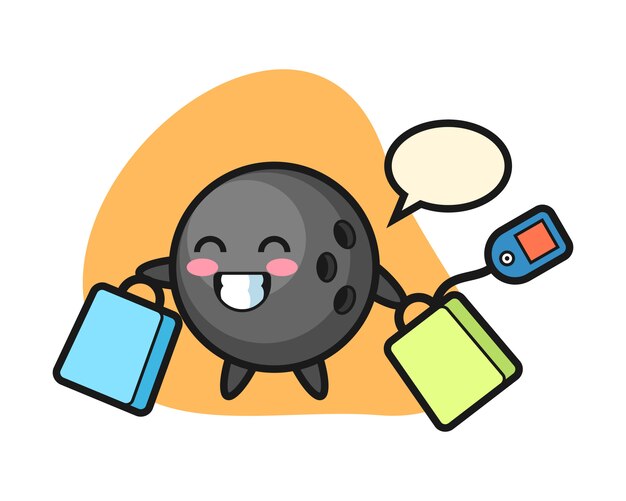 Dibujos animados de bola de boliche sosteniendo una bolsa de compras